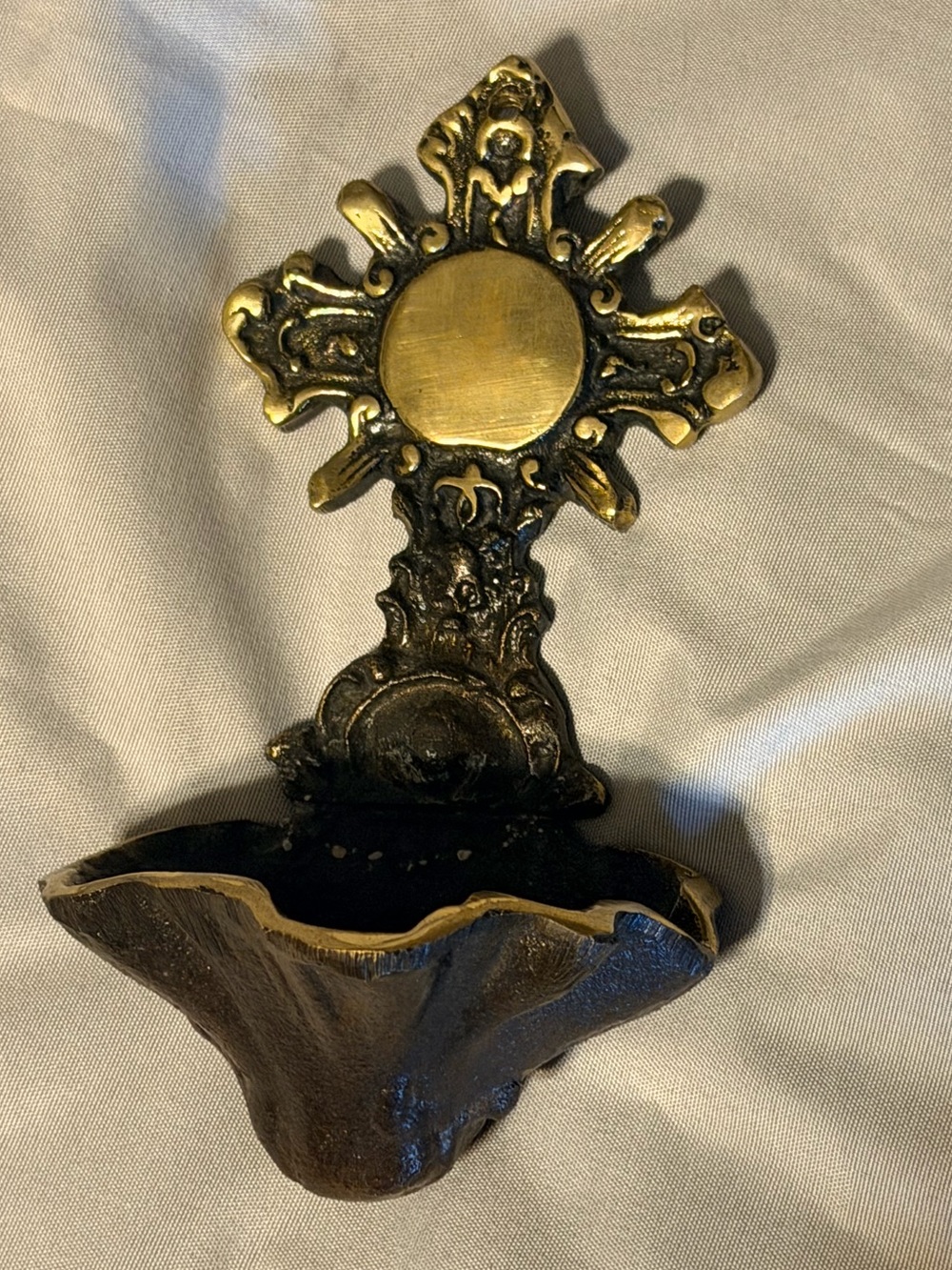 Vintage Ornate Brass Holy Water Font – Catholic Wall Font – Heavy Cast Metal – A